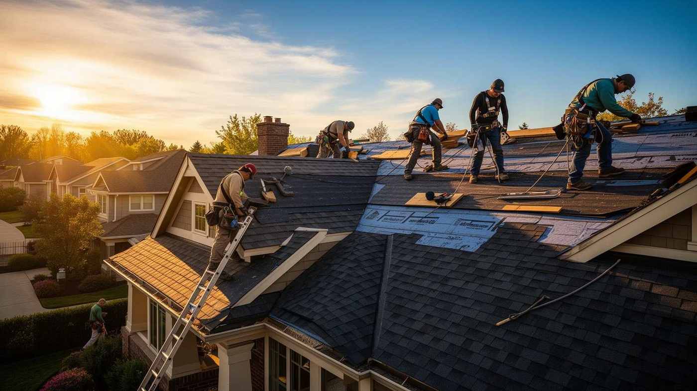 Professional roofer installing premium shingles at sunset